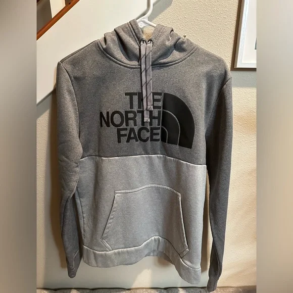 North Face Men's Pullover Hooded Hoodie Sweatshirt Medium Gray Color Block Logo - Picture 1 of 8